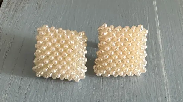 Vintage Screw Back / On Earrings Square Bundle Of Faux Baby Pearls Lovely