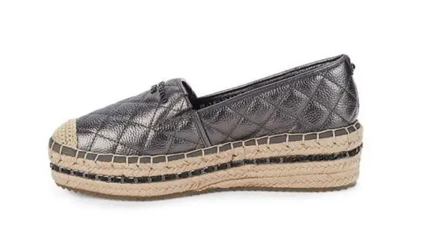 Karl Lagerfeld PARIS Dalia Quilted Leather Platform Espadrilles Silver P…