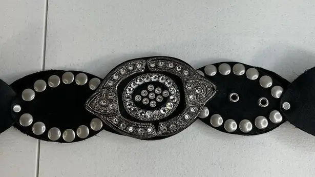 Leather Studded Belt Large 38 Bling Buckle Conch Style Black Silver Southwestern