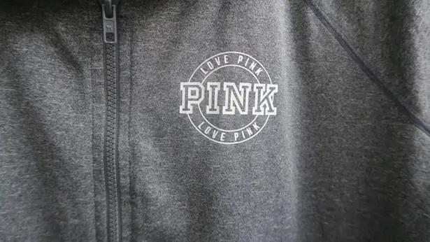 PINK Victoria's Secret ultimate full zip sweater love pink in circle left chest with pockets thumb stripes on sleeves in gray