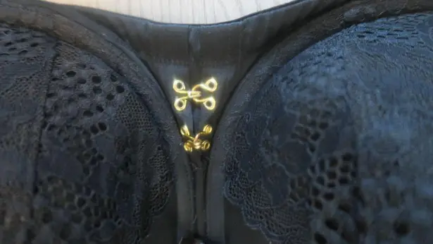 Cacique Lane Bryant boost strapless bra jewelry on front lacey in black size 44DD.