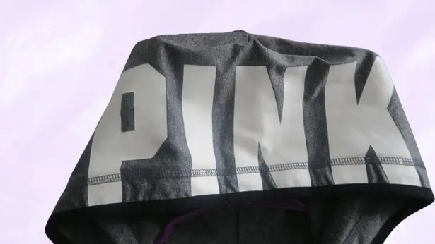 PINK Victoria's Secret ultimate full zip sweater love pink in circle left chest with pockets thumb stripes on sleeves in gray