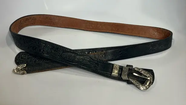 Western black embossed leather belt made in the USA silver buckle womens size 40