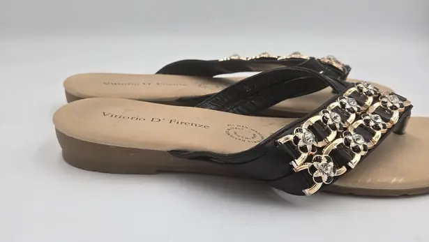 Vittorio D' Firenze Black Beaded Sandals Size 10 Flip Flops Gold Accents Thongs