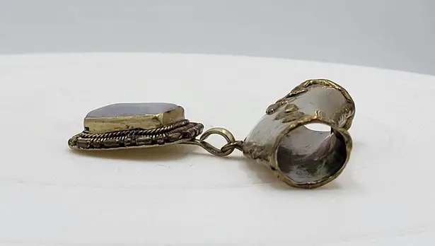 Vintage Tribal Pendant Brass Silver Gray Stone Snake Motif Artisan Chunky