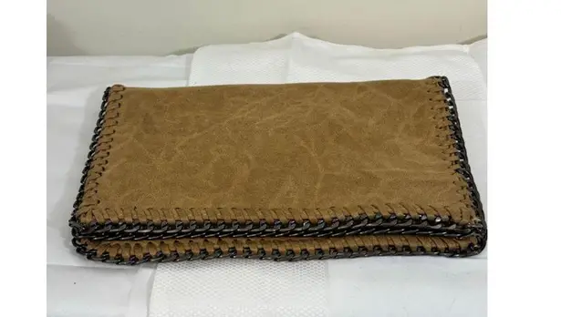 Women's Tan Clutch Bag with Silver Chain Detail