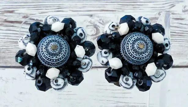 Vintage Clip On Earrings Artsy Statement Blue, Black, Off White