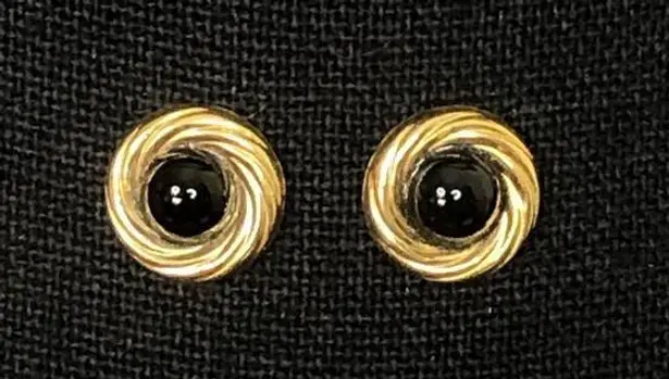 Onyx 14k Gold Swirl Button and Cabochon Stud Vintage Earrings
