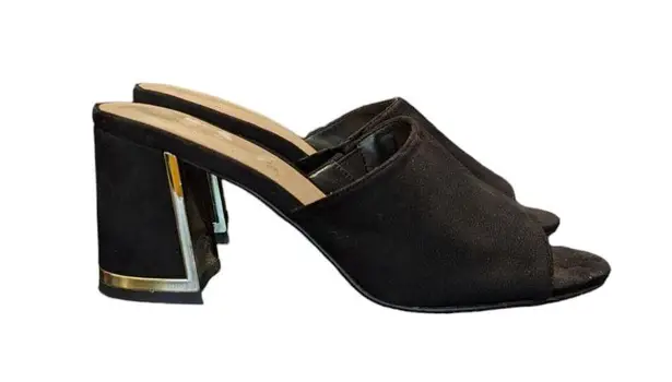 H by Halston H Halston Vegan Suede Sandals Spain Block Heel Gold Trim Womens 8 Heels Pumps