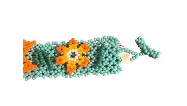 Shakira Huichol Seed Bead Cuff Bracelet 3D Flowers Turquoise Orange 3 Sizes NWT