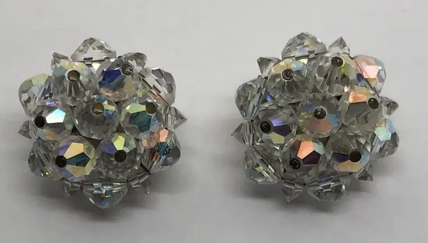Vintage 1950s Laguna Earrings Aurora Borealis Crystal Bead Clip On Silver Tone