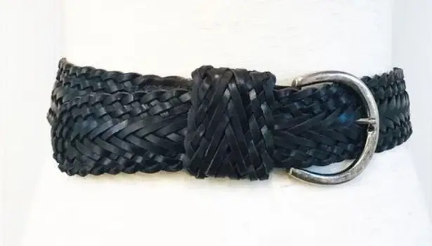 VINTAGE Wide Brown Braided Leather Belt Woven Silver Buckle 90s Y2K Size Large Brown