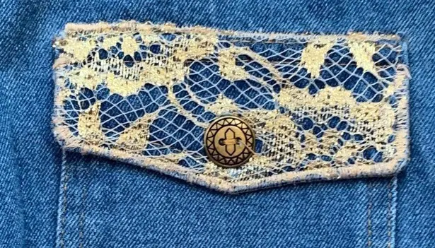 Vintage Denim Dress Button Front Medium Wash Short Sleeve Custom Lace OOAK Blue Size L