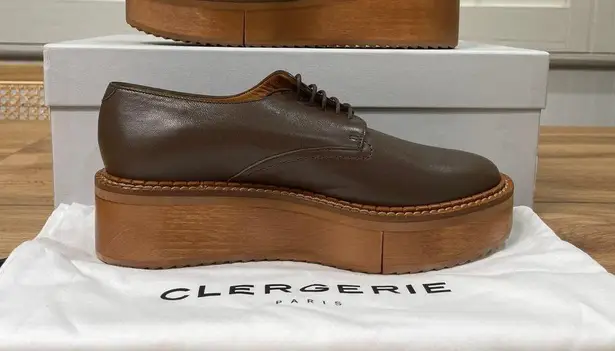 Clergerie Brooks Wooden Effect Platform Oxford Brown Leather Sz 5.5 US 36 EU NIB