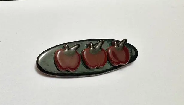 Handmade Hand Crafted Green Ceramic With Red Apple Fruit Brooch Pin