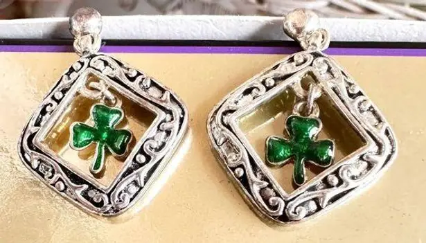 Vintage 80's Shamrock Earrings Handmade Dangle Posts St Patrick's Day Pa… Silver