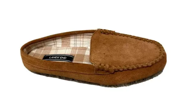 Lands' End  Suede Leather Moccasin Slippers Plaid liner Tan Women’s 7