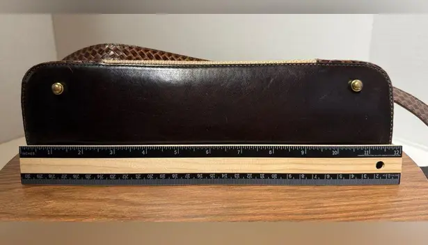 Brahmin Vintage Large Cream Woven Canvas Brown Leather Shoulder Handbag Purse