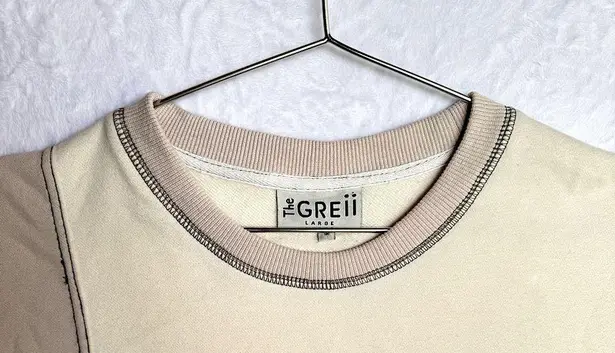 The Greii Cream Tan Gray Color Block Cropped Crewneck Sweatshirt Oversized Fit Size L