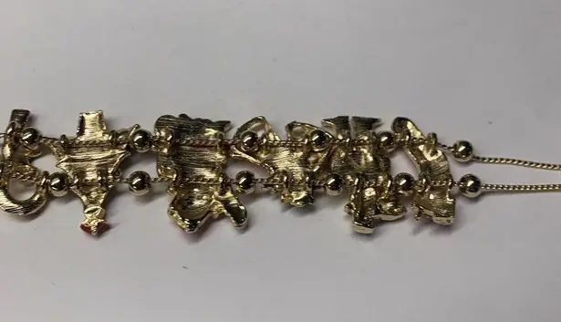 Holiday Christmas Bracelet • Gold Tone Tree, Stocking, Santa, Snowmen Candy Cane