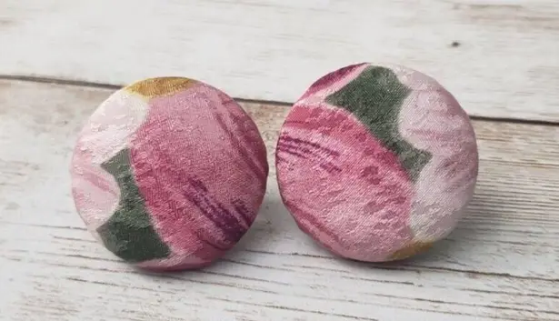 Vintage Clip On Earrings Pink Floral Fabric Circle
