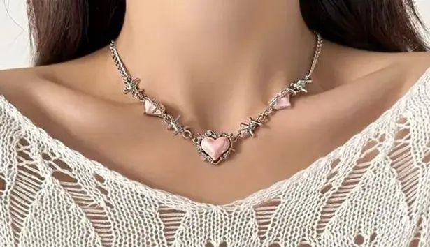 Creative Pink Love Heart Silver Plated Chain Necklace Punk Y2K Style‎ Neck