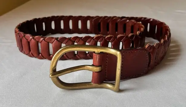 Vintage 90s DKNY Cognac Leather Woven Belt Brass Buckle Small Boho Minimalist Brown Size XS