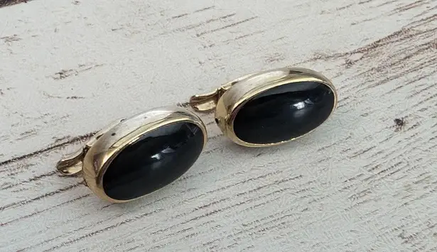 Vintage Clip On Earrings Small 5/8" Black Elongated Oval