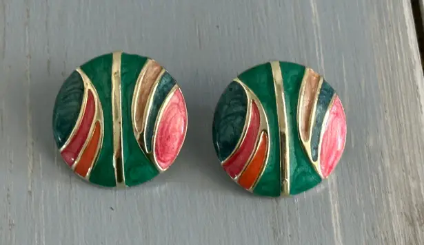 Super Awesome Vintage Pierced Earrings Green Pink Blue Ran Enamel Multiple