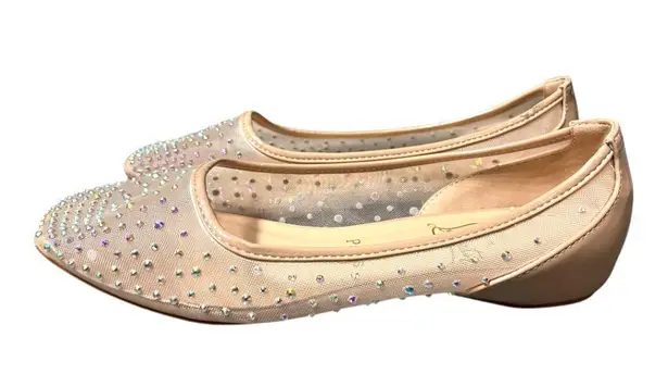 Beige Crystal Embellished Mesh Follis Strass Ballerina Flats Red Size 7.5