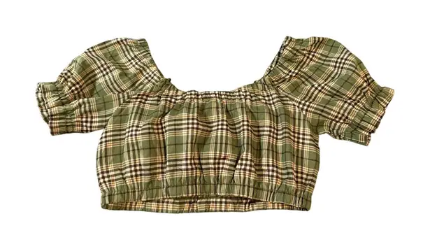 NWOT Lena Size Medium Women Balloon Puff Sleeve Short Sleeve Plaid Crop Top Green