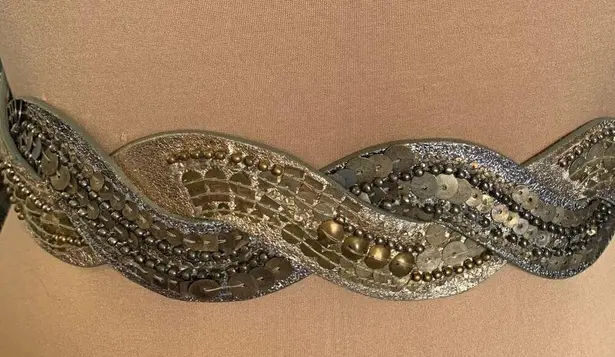 Vintage Statement Belt Metallic Silver Gold Braided Leather Sequins Beads Boho Gold