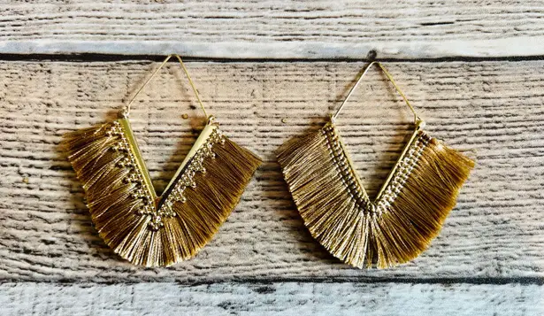Brand New Tan Fringe Chevron Dangle Gold Tone Earrings Costume Jewelry Buy 3/$21