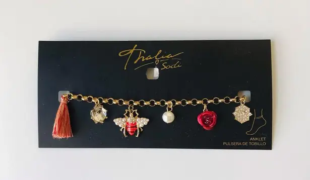 Thalia Sodi Multi Charm Faux Pearl Bumblebee Red Rose Gold-tone Anklet Bracelet