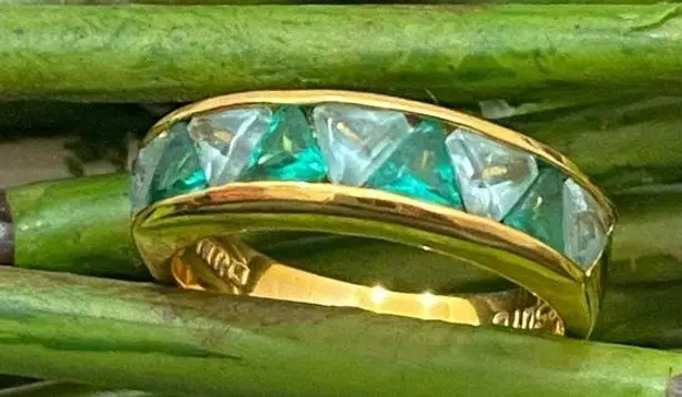 SUZANNE SOMERS 925 Gold Emerald Green Trilliant CZ Cubic Zirconia Ring Size 8