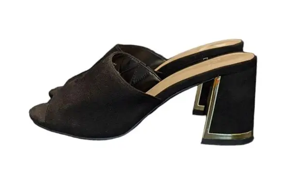 H by Halston H Halston Vegan Suede Sandals Spain Block Heel Gold Trim Womens 8 Heels Pumps