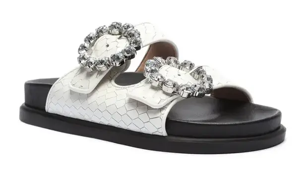 Schutz Ariel Crystal-Buckle Sporty Slide White Snake Croc Sandals Size 10 B