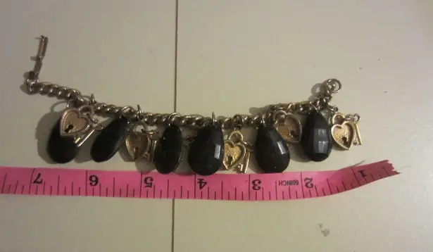 Monet Vintage  Charm Bracelet Black Enamel Gold Tone 7.5 Inches