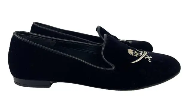 Jon Josef Black Velvet Gatsby Embroidered Skull Flat Loafers Shoes Size 7.5