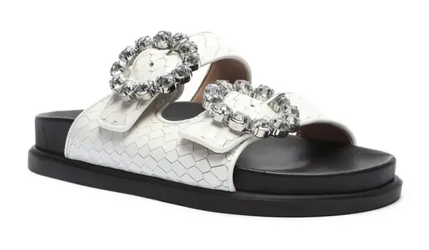 Schutz Ariel Crystal-Buckle Sporty Slide White Snake Croc Sandals Size 10 B