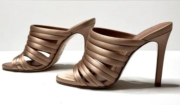 Pedro Garcia Women's Satin Dusty Rose Pink Multi Band Mules Sandals Size 37 Tan