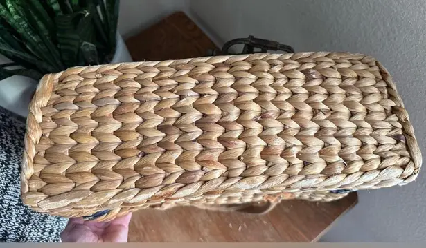 Vintage Woven Straw Tote Structured Boxy Market Bag Leather Handles Tan