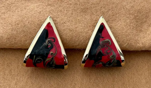 Super Retro Cool Enamel Funky Pierced Earrings Gold Tone Blue & Red Multiple