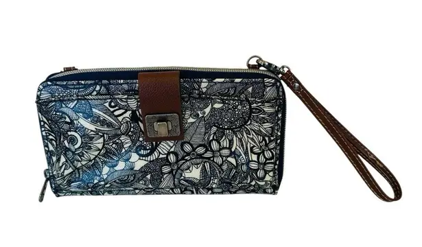 Sakroots Large Smartphone Wristlet Crossbody Navy & Cream Floral Zip Around