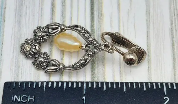 Vintage Silver Tone Drop Dangle Faux Pearl & Floral Hoop Earrings Clip On 1.75"