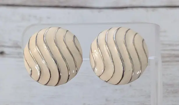 Vintage Clip On Earrings Circle with Cream Enamel & Wavy Lines