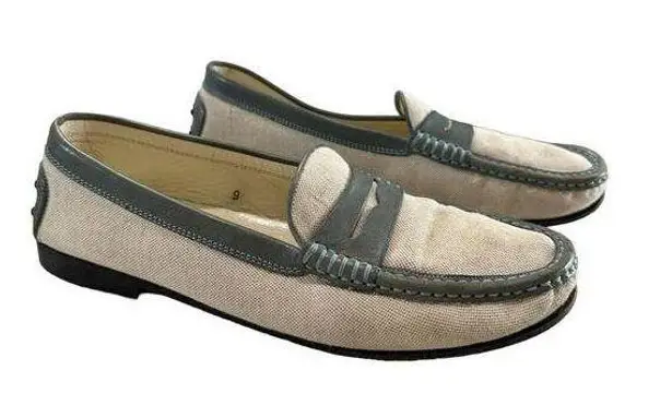 Tod's  canvas leather loafer penny oxford beige green size 9