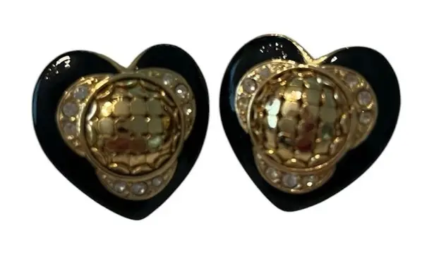 Whiting & Davis Vintage rare black & gold mesh heart shaped pierced earrings EVC