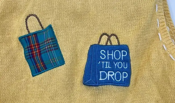 VINTAGE Yellow Shop Til You Drop Vest Embroidered Applique Purses size large