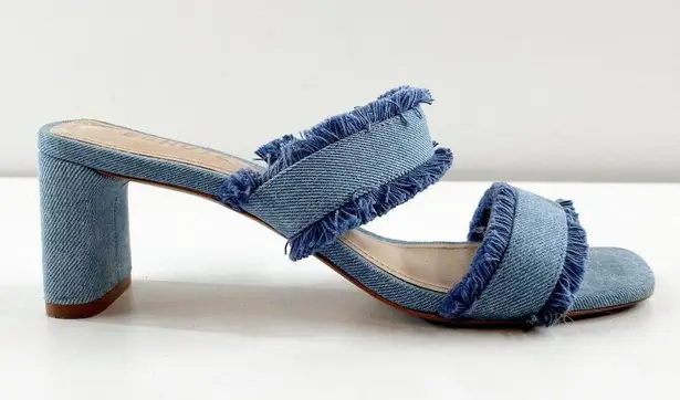 Schutz  Amely Slip On Fringed Double Strap Mid Block Denim Mule Sandal Blue 8